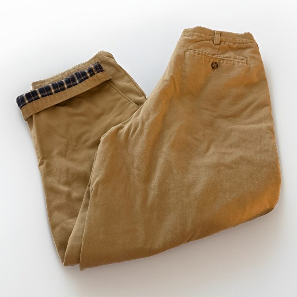L.L.BEAN Pants Flannel Lined Mens 34 x 30 Double Tan Chino Natural Wear Workwear